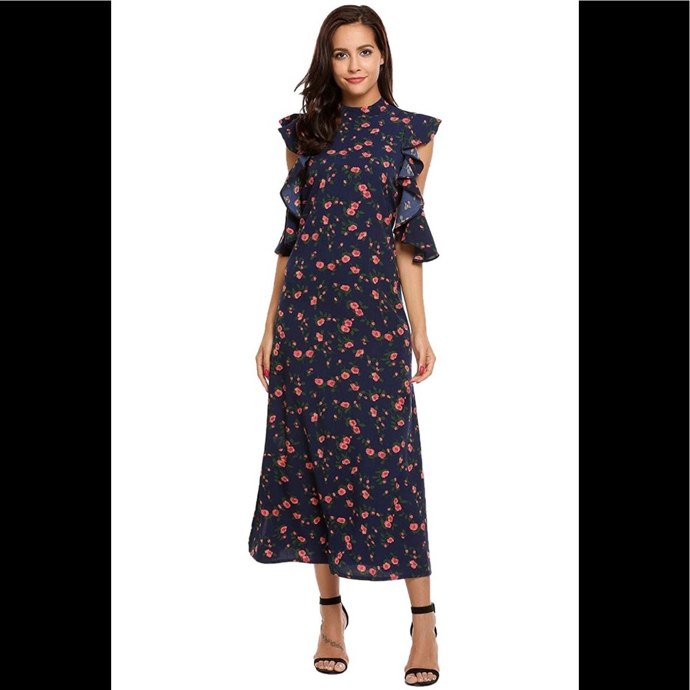 NWT High-Neck Vintage-Style Ruffle Maxi Dress